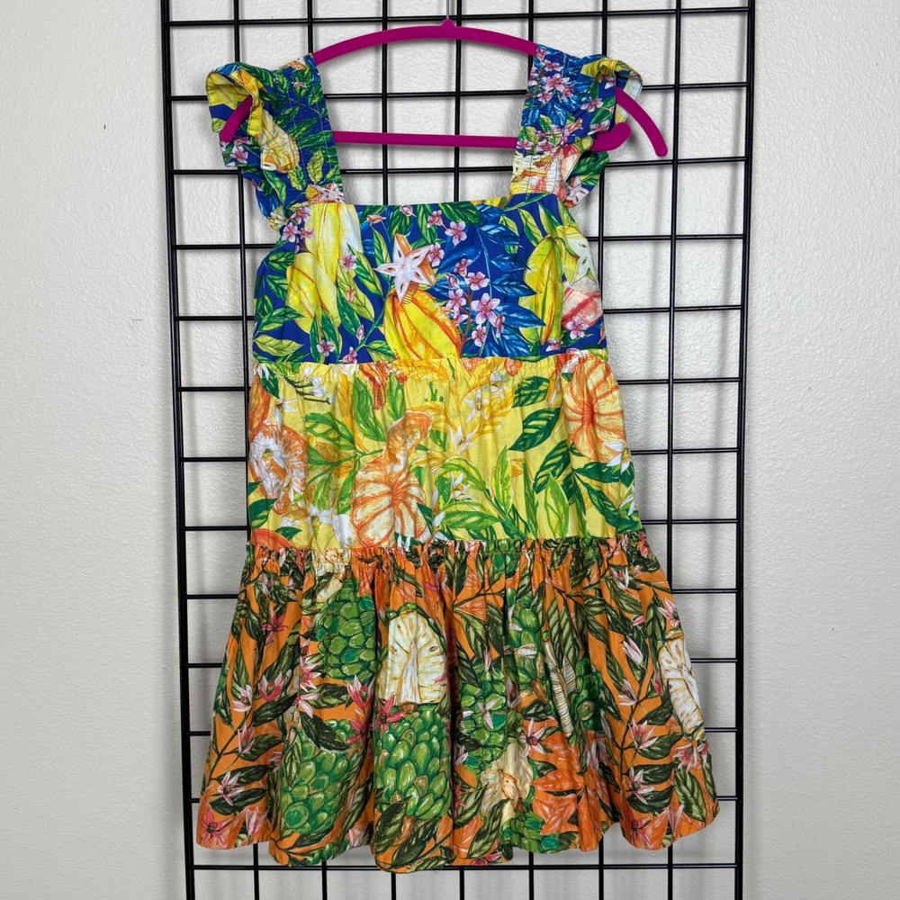 Farm Rio Caipirinha Mini Dress Medium Cotton Tropical Fruit Ruffle Smocked READ